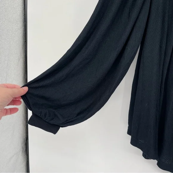 Free People Devin Black Balloon Sleeve Henley Oversized Textured Knit Top - Picture 7 of 13